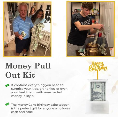 The Money Cake - مجموعة أدوات سحب كعكة النقود تتضمن 1 صندوق نقود، 2 لفة بلاستيكية، 40 حقيبة شفافة متصلة بجيب كل منها، و2 قطعة علوية مفاجئة للكيك لأعياد الميلاد وحفلات التخرج in Kuwait