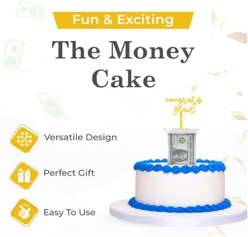 The Money Cake - مجموعة أدوات سحب كعكة النقود تتضمن 1 صندوق نقود، 2 لفة بلاستيكية، 40 حقيبة شفافة متصلة بجيب كل منها، و2 قطعة علوية مفاجئة للكيك لأعياد الميلاد وحفلات التخرج in Kuwait