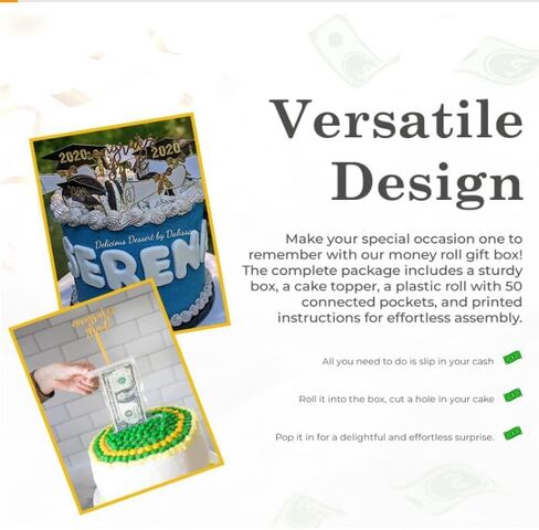The Money Cake - مجموعة أدوات سحب كعكة النقود تتضمن 1 صندوق نقود، 2 لفة بلاستيكية، 40 حقيبة شفافة متصلة بجيب كل منها، و2 قطعة علوية مفاجئة للكيك لأعياد الميلاد وحفلات التخرج in Kuwait
