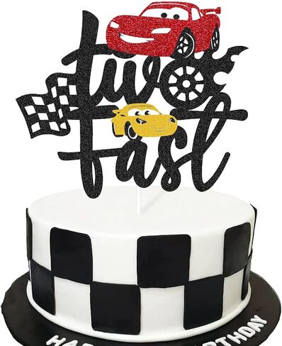 Two Fast Cake Topper Race Car 2nd Cake Decoration for Racing Car Checkered Flag Themed Kids Boy Girl 2 Years Old Happy 2s Birthday Party Supplies Double Sided in Kuwait