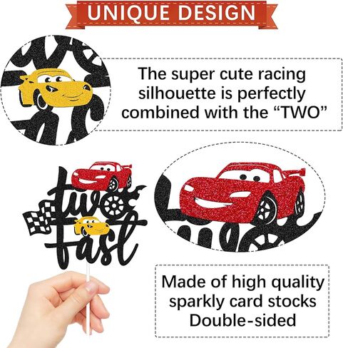 Two Fast Cake Topper Race Car 2nd Cake Decoration for Racing Car Checkered Flag Themed Kids Boy Girl 2 Years Old Happy 2s Birthday Party Supplies Double Sided in Kuwait
