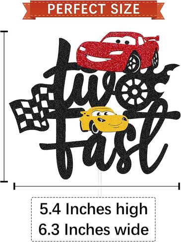 Two Fast Cake Topper Race Car 2nd Cake Decoration for Racing Car Checkered Flag Themed Kids Boy Girl 2 Years Old Happy 2s Birthday Party Supplies Double Sided in Kuwait