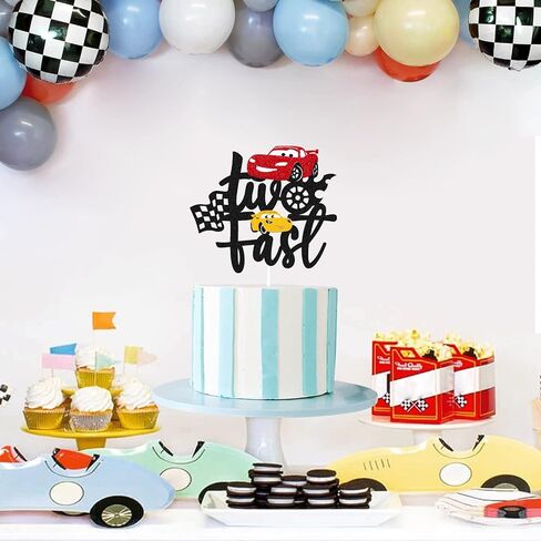Two Fast Cake Topper Race Car 2nd Cake Decoration for Racing Car Checkered Flag Themed Kids Boy Girl 2 Years Old Happy 2s Birthday Party Supplies Double Sided in Kuwait