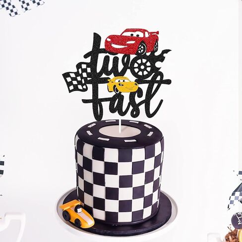 Two Fast Cake Topper Race Car 2nd Cake Decoration for Racing Car Checkered Flag Themed Kids Boy Girl 2 Years Old Happy 2s Birthday Party Supplies Double Sided in Kuwait