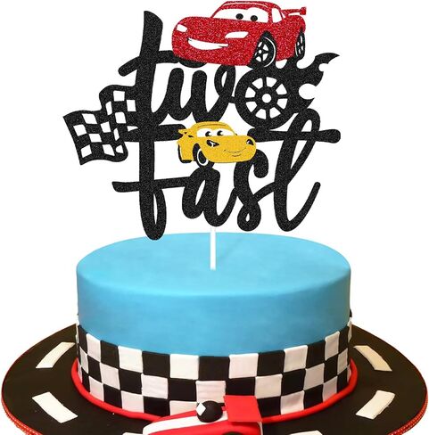 Two Fast Cake Topper Race Car 2nd Cake Decoration for Racing Car Checkered Flag Themed Kids Boy Girl 2 Years Old Happy 2s Birthday Party Supplies Double Sided in Kuwait