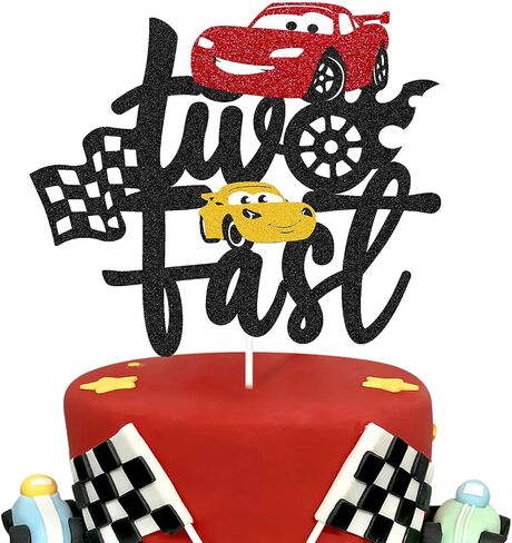 Two Fast Cake Topper Race Car 2nd Cake Decoration for Racing Car Checkered Flag Themed Kids Boy Girl 2 Years Old Happy 2s Birthday Party Supplies Double Sided in Kuwait