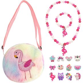 Elesa Miracle Little Girl Plush Purse Handbag Kids Necklace Pretend Play Toy Playset Jewelry Crossbody Purse for Children Toddler Baby Girls, Unicorn