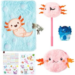 CY2SIDE 6PCS Axolotl Diary with Lock and Keys for Girls Axolotl Plush Secret Journal Diary Journaling Set for Writing Make Your Own Scrapbook with Crafts Idea Birthday Gifts for Teen Girls DIY Gifts