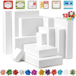 JOYIN 12 PCS Assorted Christmas Shirt Gift Box, 4 Sizes White Assorted Shirt Wrap Box Set with Lids, Base, Gift Tag Stickers and Bows for Gift Wrapping, Present Wrap Décor