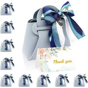 GLGHMH Leather Wedding Candy Bags, 10pcs Reusable Small Gift Bags with Handle and Ribbon and Card, Birthday Party Favor Bags Packing Box for Baby Showers Christmas Halloween (Blue)
