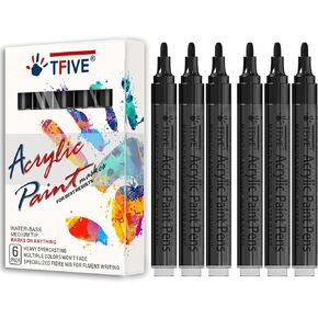 Black Acrylic Paint Marker Pens - 2-3mm Medium Tip, 6 Pack Permanent Black Water Based Paint Pen for DIY Projects, Paintings for Rock, Fabric, Wood, Leather, Metal, Ceramics, Paper, Glass, Plastic