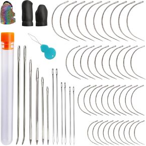 Tikjiua 52Pcs Heavy Duty Upholstery Hand Sewing Needles - Leather Hand Sewing Needles Includes Curved Needles, Triangle Needles, Carpet Needles, Sack Needles for Upholstery, Leather, Canvas Repair