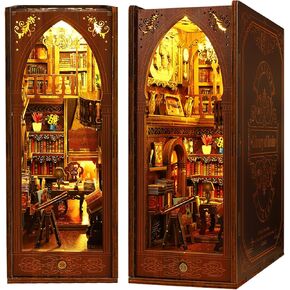 Losbenco Book Nook Kit, DIY Dollhouse Booknook Bookshelf Insert Decor Alley, DIY Book Nook Miniature Kit with Lights, 3D Wooden Puzzle Decorative Bookend Miniature Model Kits for Kids/Adults in Kuwait