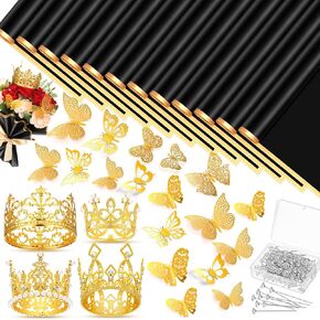 Estune 312 Pcs Gold Edge Flower Wrapping Paper Bulk Crowns for Flower Bouquets Wedding Corsages Pins for Flower 3D Gold Butterfly Wall Decor for Graduation Birthday Wedding DIY Craft(Black)