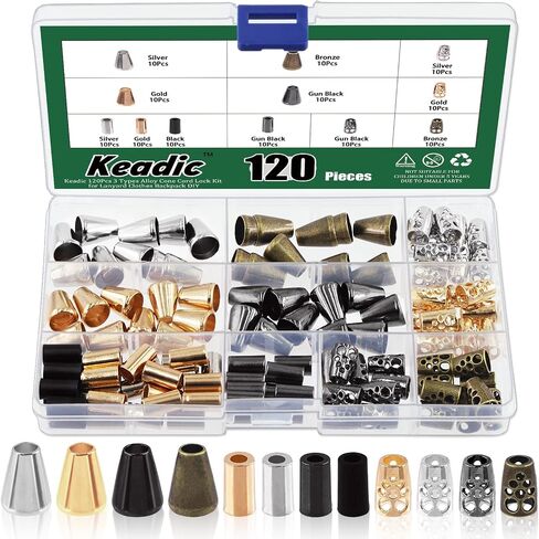 Keadic 120Pcs 4 Colors Alloy Cord End Lock Assortment Set with Plastic Case, 3 Style Metal Bell/Hollow/Column Drawstring Rope Stopper Fastener End for DIY Lanyard Clothes Backpack Bag in Saudi Arabia