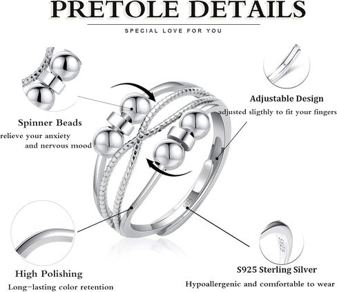PRETOLE 925 Sterling Silver Anxiety Rings for Women, Adjustable Anti Anxiety Ring Spinner Fidget Ring for Daughter Granddaughter Stress Relief Rings in Kuwait
