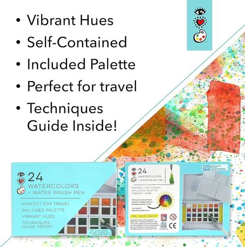 مجموعة ألوان مائية 24 من آيهارت آرت مع قلم فرشاة مائي في حقيبة سفر صغيرة بالألوان المائية من برايت سترايبس - مجموعة ممتازة للسفر بالألوان المائية in Kuwait