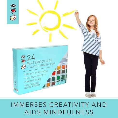 مجموعة ألوان مائية 24 من آيهارت آرت مع قلم فرشاة مائي في حقيبة سفر صغيرة بالألوان المائية من برايت سترايبس - مجموعة ممتازة للسفر بالألوان المائية in Kuwait