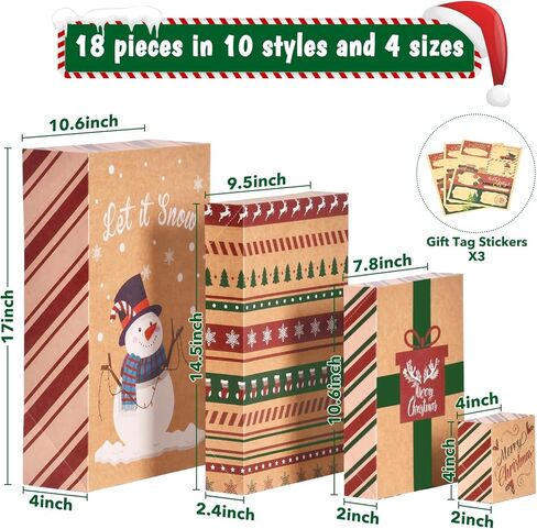 MOORAY 18 Pack Christmas Boxes for Gifts with Lids, Bulk Gift Boxes for Presents Decorative Shirt Box for Xmas Holiday - 3 Sizes and 10 Designs with Christmas Gift Tag Stickers in Kuwait
