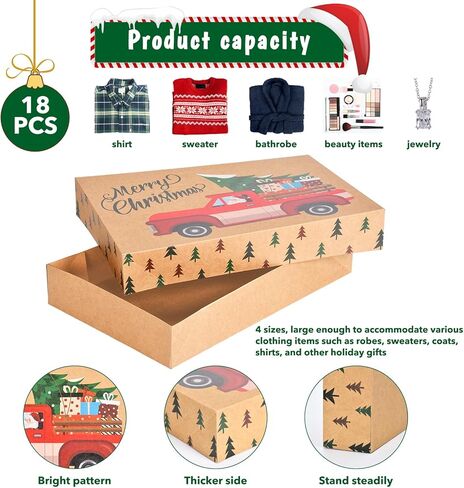 MOORAY 18 Pack Christmas Boxes for Gifts with Lids, Bulk Gift Boxes for Presents Decorative Shirt Box for Xmas Holiday - 3 Sizes and 10 Designs with Christmas Gift Tag Stickers in Kuwait