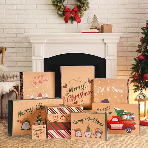 MOORAY 18 Pack Christmas Boxes for Gifts with Lids, Bulk Gift Boxes for Presents Decorative Shirt Box for Xmas Holiday - 3 Sizes and 10 Designs with Christmas Gift Tag Stickers in Kuwait