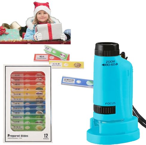 Minilabsters Miniscope Kids، مجهر محمول، مجهر محمول 60x-180x، مجهر جيب مضاء LED للتجربة العلمية، الطلاب، الأطفال (أزرق) in Kuwait