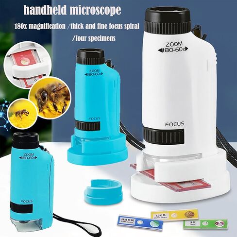 Minilabsters Miniscope Kids، مجهر محمول، مجهر محمول 60x-180x، مجهر جيب مضاء LED للتجربة العلمية، الطلاب، الأطفال (أزرق) in Kuwait