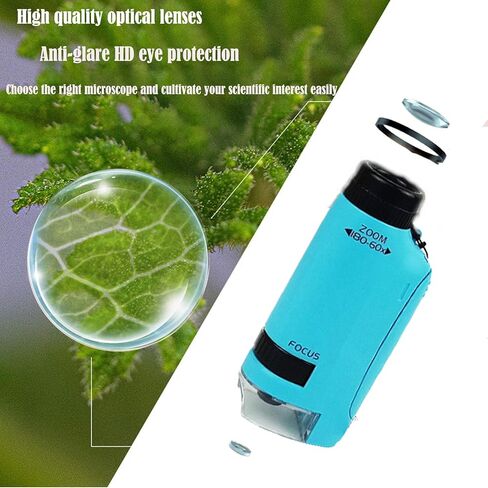Minilabsters Miniscope Kids، مجهر محمول، مجهر محمول 60x-180x، مجهر جيب مضاء LED للتجربة العلمية، الطلاب، الأطفال (أزرق) in Kuwait