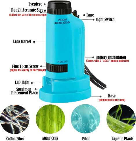 Minilabsters Miniscope Kids، مجهر محمول، مجهر محمول 60x-180x، مجهر جيب مضاء LED للتجربة العلمية، الطلاب، الأطفال (أزرق) in Kuwait