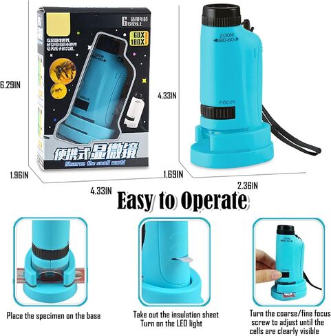 Minilabsters Miniscope Kids، مجهر محمول، مجهر محمول 60x-180x، مجهر جيب مضاء LED للتجربة العلمية، الطلاب، الأطفال (أزرق) in Kuwait