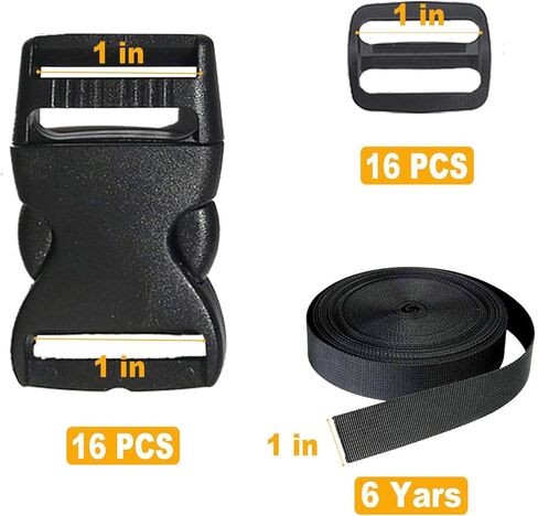 Buckles Strap 1 Inch: 16 PCS Side Release Buckle Plastic Clip, 6 Yard Nylon Webbing Straps, 16 PCS Tri-glide Slide Clip for DIY Making Luggage Strap, Nylon Webbing Straps, Pet Collar Backpack Repair in Kuwait