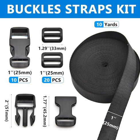 1 inch Buckles Straps Set with 10 Yards Nylon Webbing Strap,10 pcs Quick Side Release Plastic Buckle, 20 pcs Tri-glide Slide Clip for Luggage Strap, Backpack Replacement (Army Green) in Kuwait