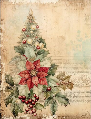 ورق ارز التوت بتصميم فينتاج للكريسماس، 8 × 10.5 انش - 6 صفحات ورقية مطبوعة فريدة من نوعها 30 غرام لكل متر مربع، الياف مرئية للحرف اليدوية والوسائط المختلطة والفن الكولاج in Kuwait