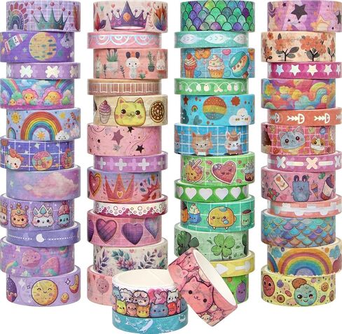 WAPETASHI 50 Rolls Washi Tape Set, Silver Cute Washi Tape for Scrapbooking, Bullet Journal, Planner, Gift, Rainbow Masking Decorative Tape for Kids in Kuwait