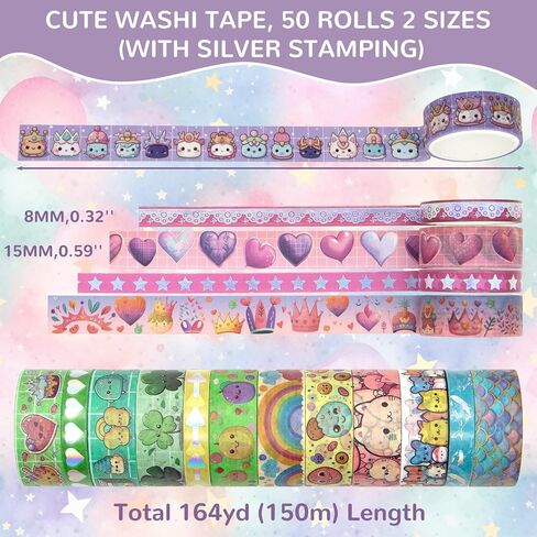 WAPETASHI 50 Rolls Washi Tape Set, Silver Cute Washi Tape for Scrapbooking, Bullet Journal, Planner, Gift, Rainbow Masking Decorative Tape for Kids in Kuwait