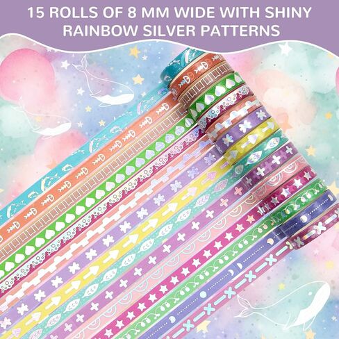 WAPETASHI 50 Rolls Washi Tape Set, Silver Cute Washi Tape for Scrapbooking, Bullet Journal, Planner, Gift, Rainbow Masking Decorative Tape for Kids in Kuwait