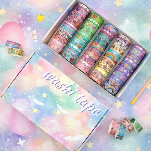 WAPETASHI 50 Rolls Washi Tape Set, Silver Cute Washi Tape for Scrapbooking, Bullet Journal, Planner, Gift, Rainbow Masking Decorative Tape for Kids in Kuwait