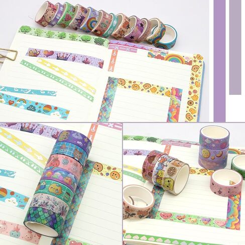 WAPETASHI 50 Rolls Washi Tape Set, Silver Cute Washi Tape for Scrapbooking, Bullet Journal, Planner, Gift, Rainbow Masking Decorative Tape for Kids in Kuwait