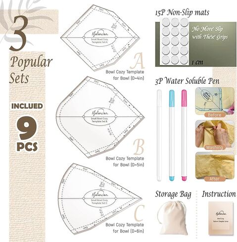 مجموعة مسطرة قطع قالب مريح من هالاندار، 3 قطع 8/10/12 بوصة من الأكريليك، قالب مسطرة خياطة اللحف مع تعليمات، 3 قلم قابل للذوبان في الماء، 15 حصيرًا غير قابل للانزلاق، 3 مقاطع لرف وعاء الطعام in Kuwait