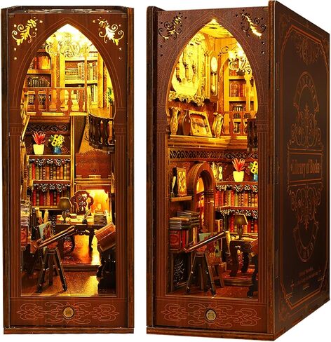 Losbenco Book Nook Kit, DIY Dollhouse Booknook Bookshelf Insert Decor Alley, DIY Book Nook Miniature Kit with Lights, 3D Wooden Puzzle Decorative Bookend Miniature Model Kits for Kids/Adults in Kuwait