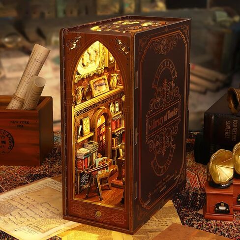 Losbenco Book Nook Kit, DIY Dollhouse Booknook Bookshelf Insert Decor Alley, DIY Book Nook Miniature Kit with Lights, 3D Wooden Puzzle Decorative Bookend Miniature Model Kits for Kids/Adults in Kuwait