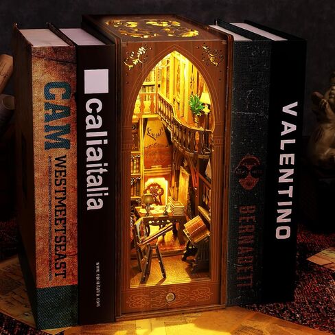Losbenco Book Nook Kit, DIY Dollhouse Booknook Bookshelf Insert Decor Alley, DIY Book Nook Miniature Kit with Lights, 3D Wooden Puzzle Decorative Bookend Miniature Model Kits for Kids/Adults in Kuwait