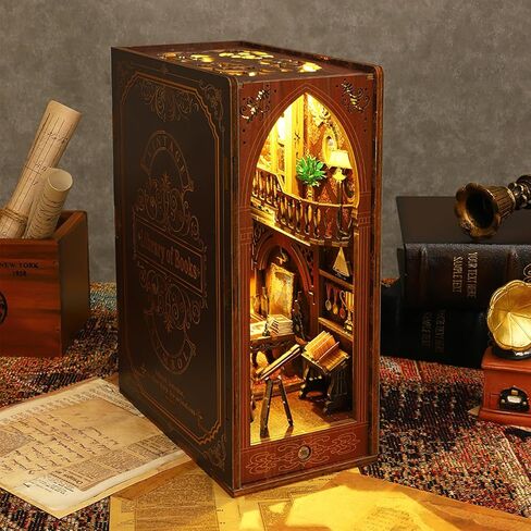 Losbenco Book Nook Kit, DIY Dollhouse Booknook Bookshelf Insert Decor Alley, DIY Book Nook Miniature Kit with Lights, 3D Wooden Puzzle Decorative Bookend Miniature Model Kits for Kids/Adults in Kuwait