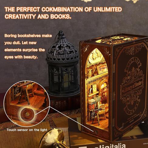 Losbenco Book Nook Kit, DIY Dollhouse Booknook Bookshelf Insert Decor Alley, DIY Book Nook Miniature Kit with Lights, 3D Wooden Puzzle Decorative Bookend Miniature Model Kits for Kids/Adults in Kuwait