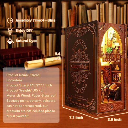 Losbenco Book Nook Kit, DIY Dollhouse Booknook Bookshelf Insert Decor Alley, DIY Book Nook Miniature Kit with Lights, 3D Wooden Puzzle Decorative Bookend Miniature Model Kits for Kids/Adults in Kuwait