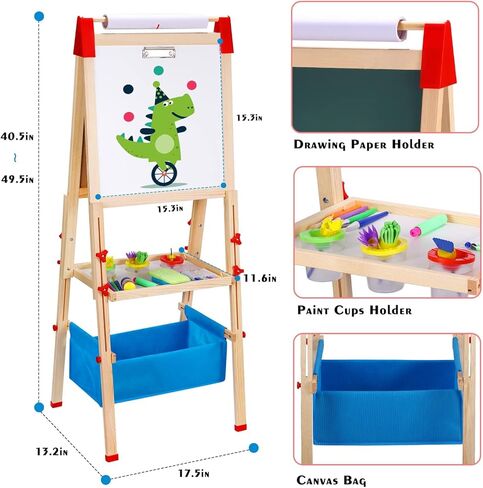 JHTOPJH Art Easel للأطفال لوح رسم خشبي مغناطيسي للأطفال الصغار مع لفة ورق - هدية عيد ميلاد لعيد الميلاد للأولاد والبنات من عمر 2-8 سنوات in Kuwait
