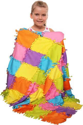 كوليتس باي ماش طقم لحاف بتصميم عقدة - طقم بطانية صوف بدون خياطة للاطفال من سن 4 الى 16 سنة، مجموعة الحرف اليدوية، بطانية ذاتية الصنع 54 انش × 42 انش، 48 قطعة ملونة فائقة النعومة in Kuwait