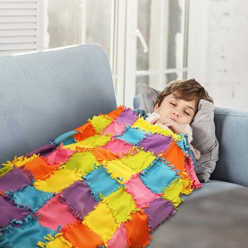 كوليتس باي ماش طقم لحاف بتصميم عقدة - طقم بطانية صوف بدون خياطة للاطفال من سن 4 الى 16 سنة، مجموعة الحرف اليدوية، بطانية ذاتية الصنع 54 انش × 42 انش، 48 قطعة ملونة فائقة النعومة in Kuwait