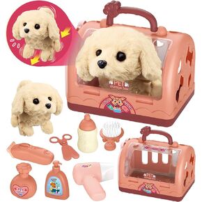 TEUVO Pet Care Play Set Robot Dog Toys for Kids 12Pcs Poppy Dog Toy Pet Walk Grooming Vet Toys Set with Interactive Electric Dog Plush & Cage Pretend Play Gifts for Girls Toddlers 3 4 5 6 7 8 Year Old