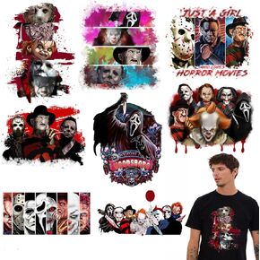 8 Sheet Halloween Iron on Patches Stickers Large Scary Movie Characters Vinyl Heat Transfer Applique Halloween Horror Clown Ghost Face Iron on Decals for T-Shirts Bags Clothing DIY Decorations